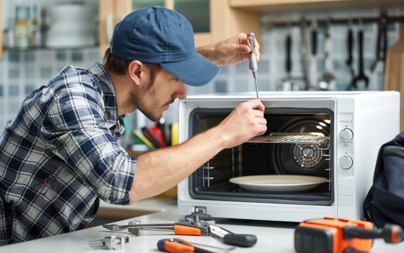 Focused engineer repairing a microwave oven in a kitchen, wearing a blue cap and plaid shirt. The image depicts technical skills, maintenance, and home appliance repair. Tools are placed on the counter.